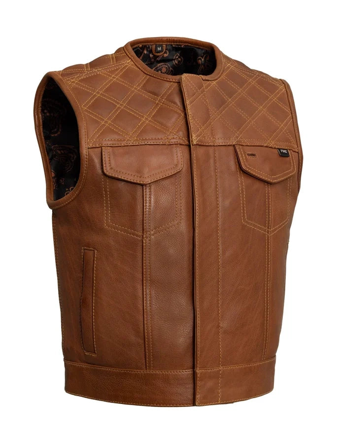 Brown leather vest with quilted design on a white background
